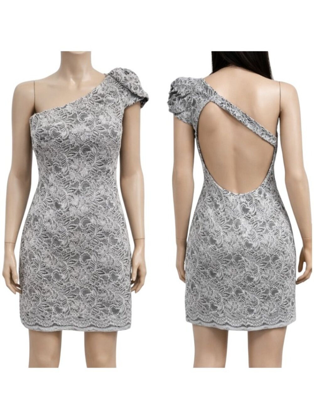 ABS Allen Schwartz Silver Romantic Lace One Shoulder Mini Dress 4 NWT $490